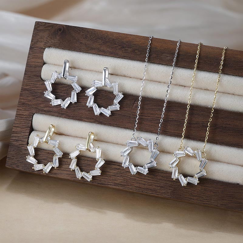 Baguette Circle Earrings & Necklace Set Gold/Silver