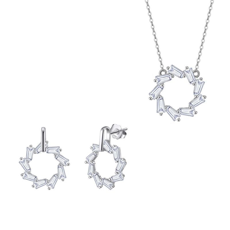 Baguette Circle Earrings & Necklace Set Gold/Silver